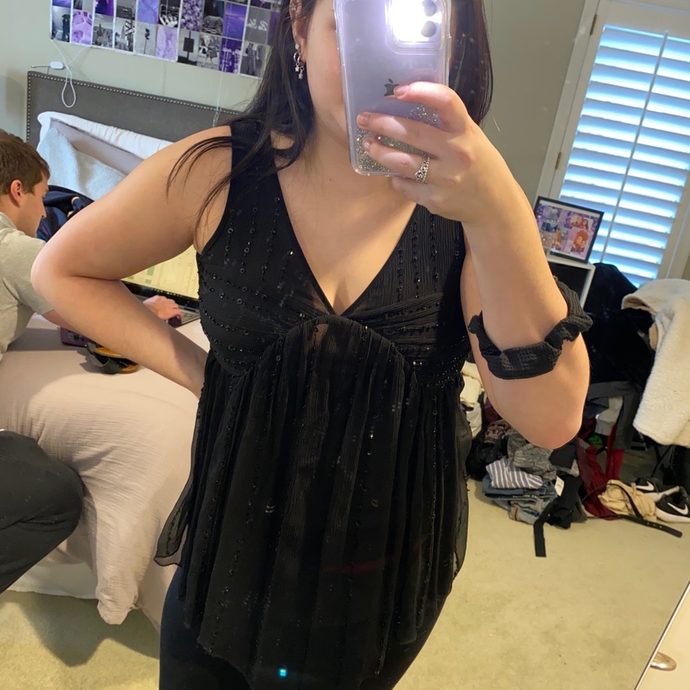 Black Sequin V-Neck Top